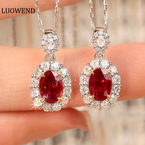 LUOWEND 18K White and Yellow Gold Real Natural Ruby and Diamond Gemstone Necklace for Women
