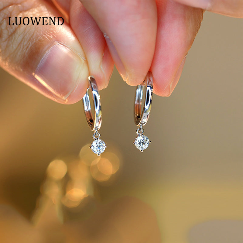 LUOWEND 18K White Gold Real Natural Diamond Hoop Earrings for Women