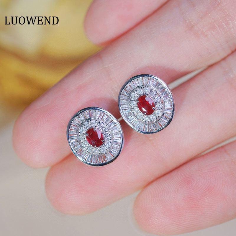 LUOWEND 18K White Gold Natural Ruby Real Diamond Stud Earrings for Women