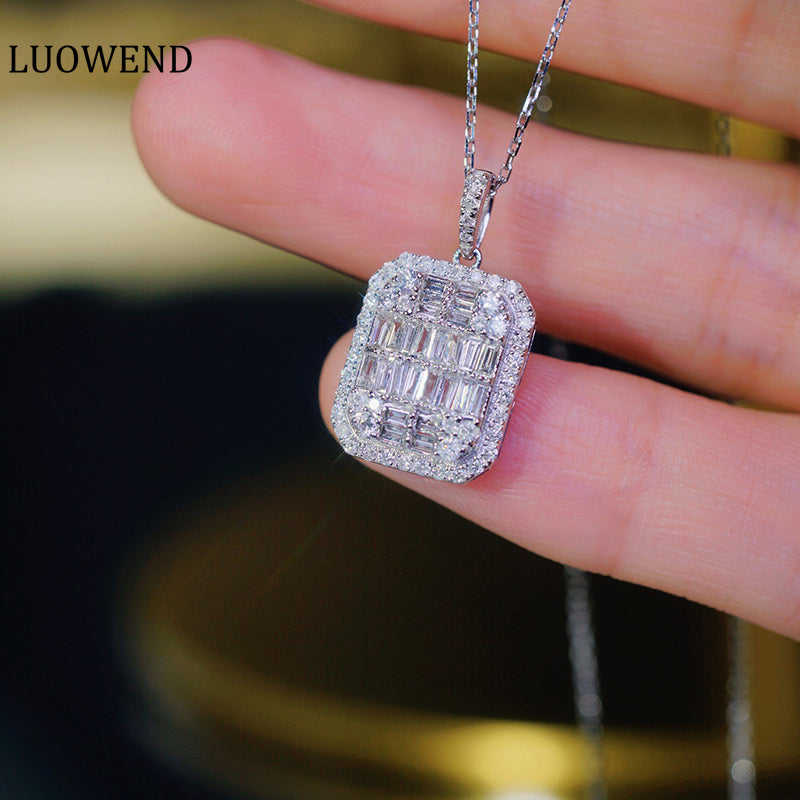 LUOWEND 18K White Gold Real Natural Diamond Pendant Necklace for Women