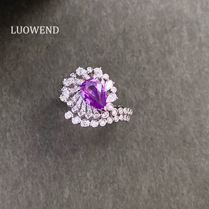 LUOWEND 18K White Gold Natural Diamond and Sapphire Ring for Women
