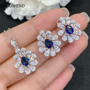 LUOWEND 18K White Gold Real Natural Sapphire Gemstone Earrings for Women