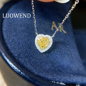 LUOWEND 18K Solid White Gold Necklace Real Yellow Diamond Pendant Necklace Heart Shape Halo Design for Women Birthday Gift