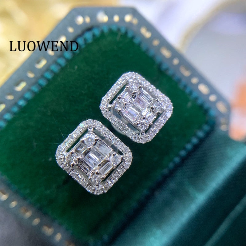 LUOWEND 100% 18K White Gold Au750 Women Stud Earrings Real Natural Diamond Earring Fashion Rectangle Halo Design Luxury Jewelry