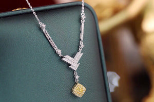 LUOWEND 18K White Gold Real Natural Yellow Diamond Necklace for Women