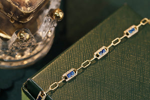 LUOWEND 18K Yellow Gold Real Natural Sapphire and Diamond Gemstone Bracelet for Women