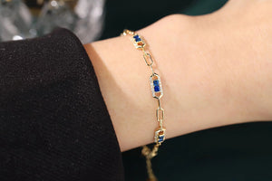 LUOWEND 18K Yellow Gold Real Natural Sapphire and Diamond Gemstone Bracelet for Women