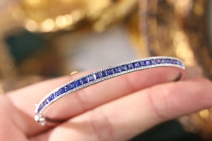 LUOWEND 18K White Gold Real Natural Sapphire and Diamond Gemstone Bangle for Women