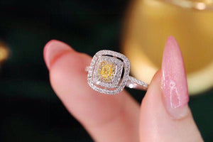 LUOWEND 18K White Gold Real Natural Yellow Diamond Ring for Women