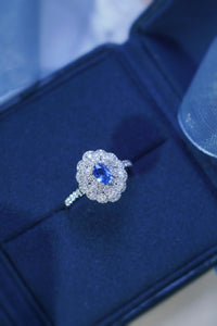 LUOWEND 18K White Gold Real Natural Sapphire and Diamond Gemstone Ring for Women