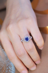 LUOWEND 18K White Gold Real Natural Sapphire and Diamond Gemstone Ring for Women