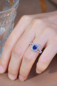LUOWEND 18K White Gold Real Natural Sapphire and Diamond Gemstone Ring for Women