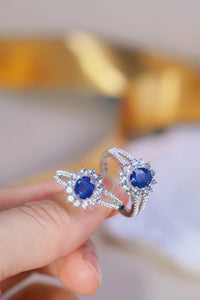 LUOWEND 18K White Gold Real Natural Sapphire and Diamond Gemstone Ring for Women