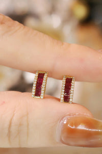 LUOWEND 18K Yellow Gold Real Natural Ruby and Diamond Earrings for Women