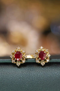 LUOWEND 18K Yellow Gold Real Natural Ruby and Diamond Gemstone Earrings for Women