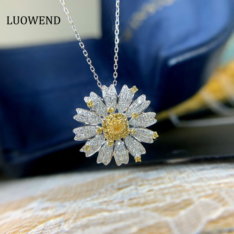 LUOWEND 18K White Gold Real Natural Yellow Diamond Pendant Necklace for Women
