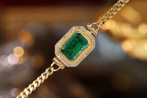 LUOWEND 18K Yellow Gold Real Natural Emerald and Diamond Gemstone Bracelet for Women