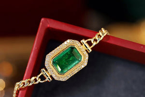 LUOWEND 18K Yellow Gold Real Natural Emerald and Diamond Gemstone Bracelet for Women