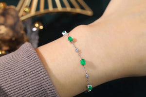 LUOWEND 18K White Gold Real Natural Emerald and Diamond Gemstone Bracelet for Women