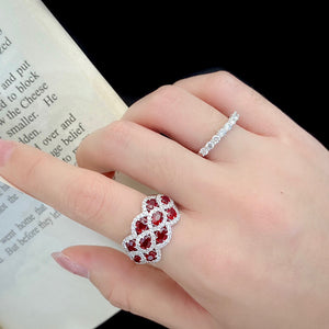 LUOWEND 18K White Gold Real Natural Ruby and Diamond Gemstone Ring for Women