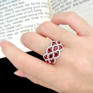 LUOWEND 18K White Gold Real Natural Ruby and Diamond Gemstone Ring for Women