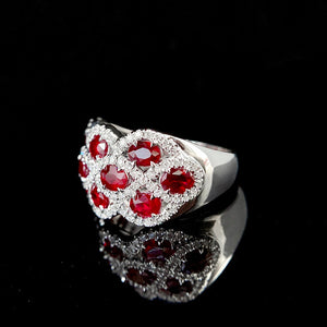 LUOWEND 18K White Gold Real Natural Ruby and Diamond Gemstone Ring for Women