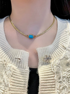 LUOWEND 18K Yellow Gold Natural Turquoise Necklace for Women