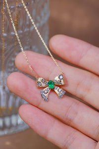LUOWEND 18K Yellow Gold Real Natural Emerald and Diamond Gemstone Necklace for Women