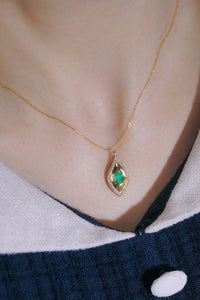 LUOWEND 18K Yellow Gold Real Natural Emerald and Diamond Gemstone Necklace for Women