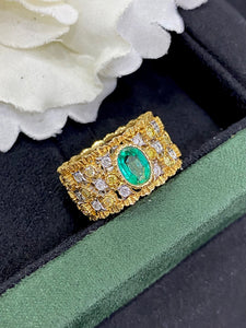 LUOWEND 18K White and Yellow Gold Real Natural Emerald Ring for Women