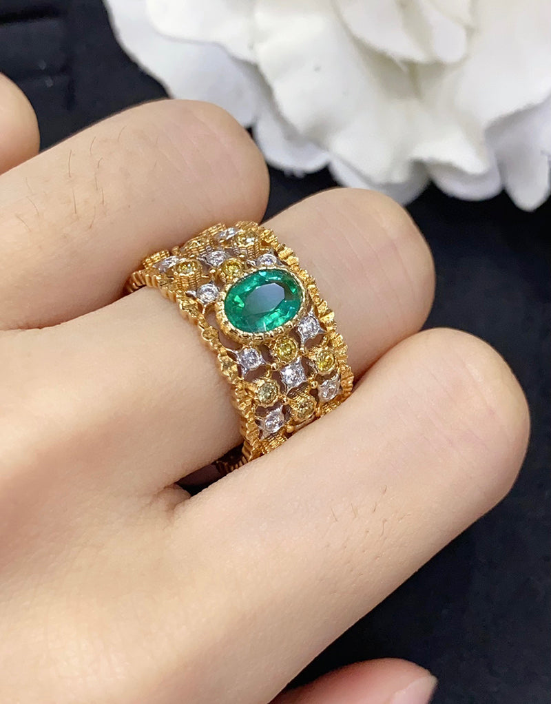 LUOWEND 18K White and Yellow Gold Real Natural Emerald Ring for Women