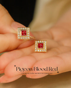 LUOWEND 18K Yellow Gold Real Natural Ruby and Diamond Gemstone Earrings for Women