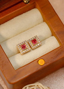 LUOWEND 18K Yellow Gold Real Natural Ruby and Diamond Gemstone Earrings for Women
