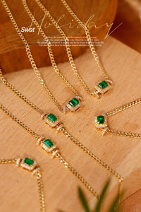 LUOWEND 18K Yellow Gold Real Natural Emerald Necklace&Bracelet for Women
