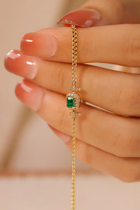 LUOWEND 18K Yellow Gold Real Natural Emerald Necklace&Bracelet for Women