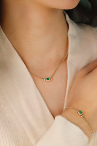 LUOWEND 18K Yellow Gold Real Natural Emerald Necklace&Bracelet for Women
