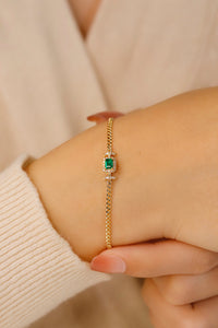 LUOWEND 18K Yellow Gold Real Natural Emerald Necklace&Bracelet for Women