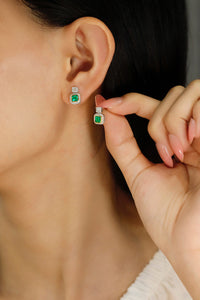 LUOWEND 18K White and Yellow Gold Real Natural Emerald Earrings for Women