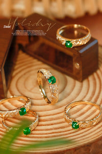 LUOWEND 18K Yellow Gold Real Natural Emerald Ring for Women