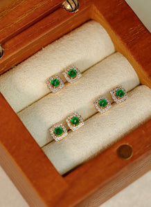 LUOWEND 18K Yellow Gold Real Natural Emerald and Diamond Gemstone Earrings for Women