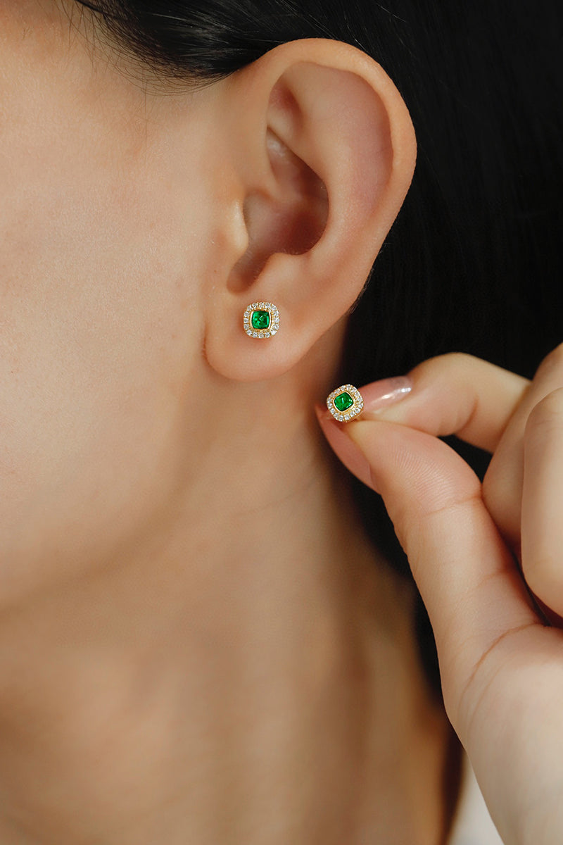 LUOWEND 18K Yellow Gold Real Natural Emerald and Diamond Gemstone Earrings for Women