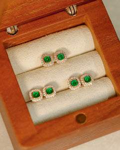 LUOWEND 18K Yellow Gold Real Natural Emerald and Diamond Gemstone Earrings for Women