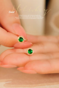 LUOWEND 18K Yellow Gold Real Natural Emerald and Diamond Earrings for Women