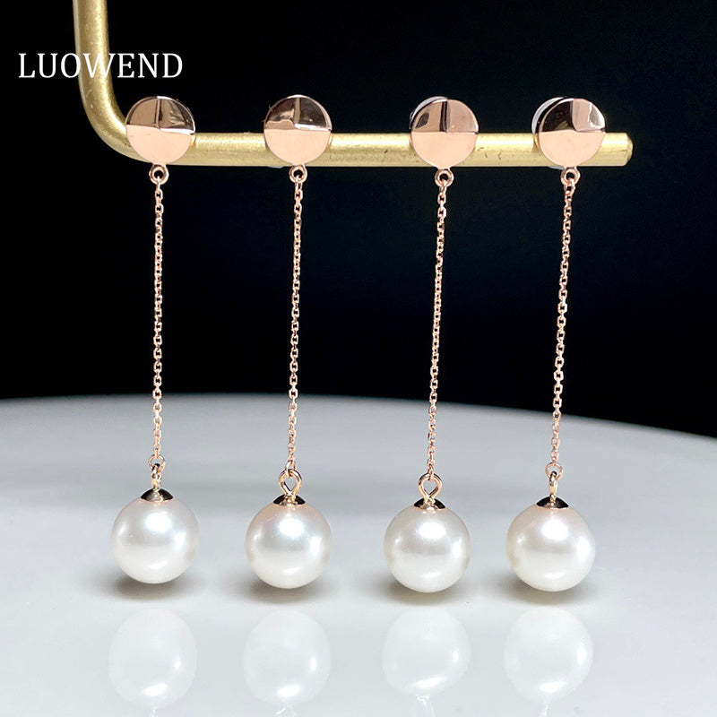 LUOWEND 18K Rose Gold Real Natural Pearl Earrings for Women
