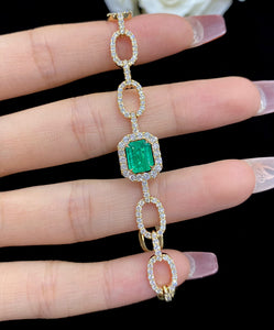 LUOWEND 18K Yellow Gold Real Natural Emerald and Diamond Gemstone Bracelet for Women
