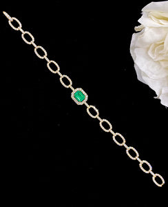 LUOWEND 18K Yellow Gold Real Natural Emerald and Diamond Gemstone Bracelet for Women