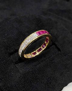 LUOWEND 18K Yellow Gold Real Natural Ruby and Diamond Gemstone Ring for Women
