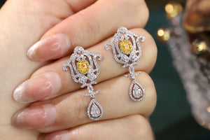 LUOWEND 18K White Gold Real Natural Yellow Diamond Drop Earrings for Women
