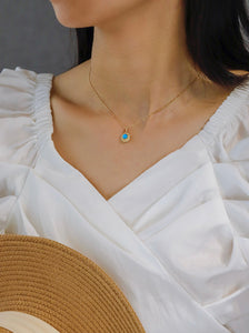 LUOWEND 18K Yellow Gold Real Natural Turquoise Necklace for Women