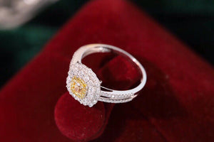 LUOWEND 18K White Gold Real Natural Yellow Diamond Ring for Women